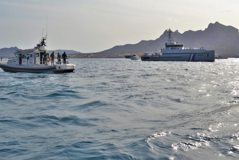 Cape-Verdean Coast Guard ships DJÉ and GUARDIÃO, with Monte Cara Hill on the background (photo CVCG)