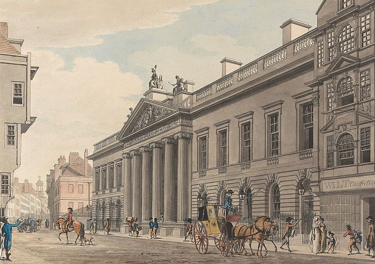 East India House, sede londrina da East India Company, ca 1800, por Thomas Malton the Younger.
