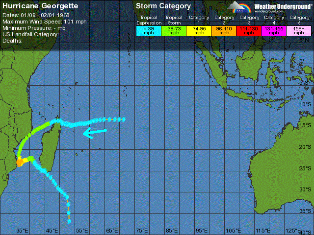 O trajeto do furação Georgette, de janeiro 1968 (imagem weatherunderground.com