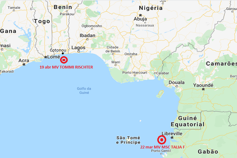 Posição dos ataques aos navios de bandeira portuguesa, ao largo de Libreville e Cotonou (imagem Google maps)