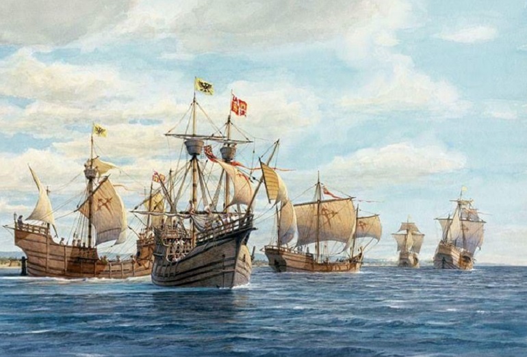 Dibujo de las 5 naves de la expedición posterior al zarpe de España