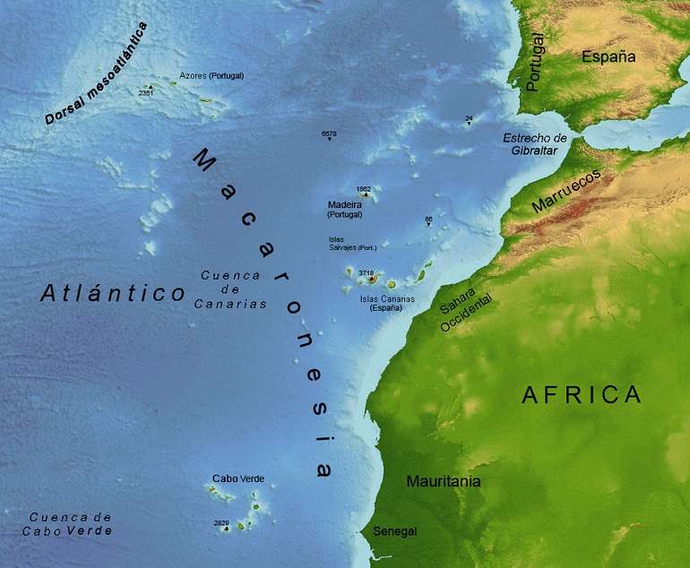 A Macaronésia localiza-se no Oceano Atlântico, a leste da crista medio-atlântica.