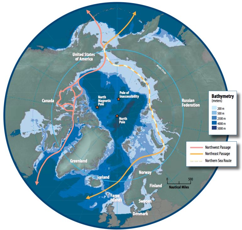 Mapa da região do Ártico, mostrando a Passagem do Noroeste, a Rota do Mar do Norte e a Passagem do Nordeste, sobre a batimetria. (imagem Conselho do Ártico via wikimedia commons)