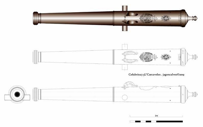 Desenho detalhado do canhão de Carcavelos após restauro (imagem José A. Gonçalves)