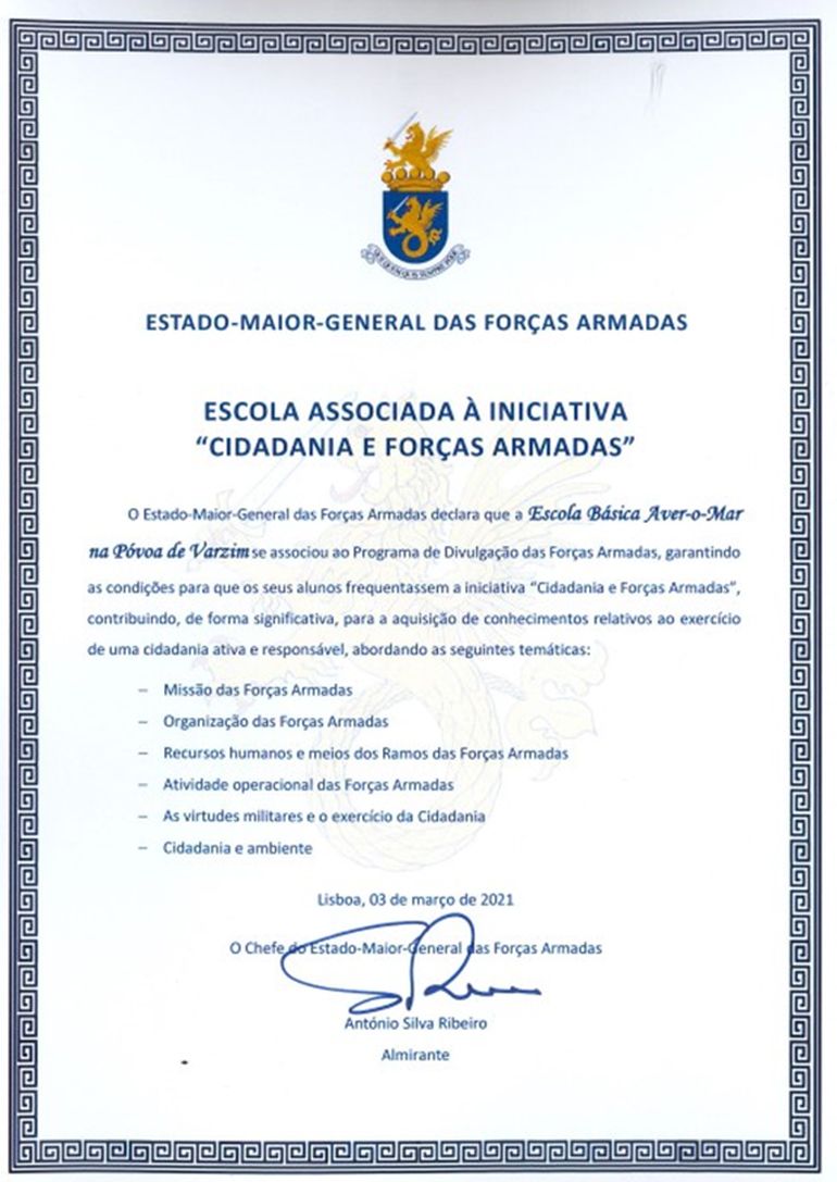 EB de Aver-o-Mar distinguida pelo projeto “Cidadania e Forças Armadas"